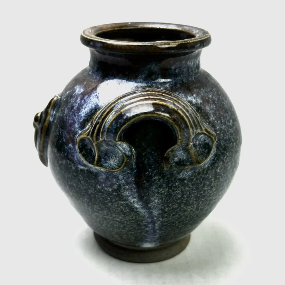 Small Vase 4” Two Handles Earth Décor Pyrite & Flame Signed Truchon Corse Bee EC